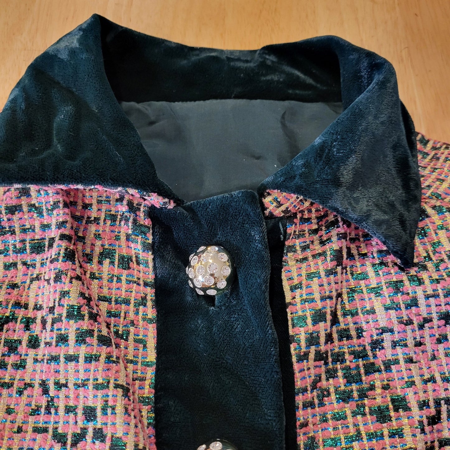 Vintage Tweed Metallic Pink Shirt Coat Green Velvet Trim Rhinestone Buttons 16"