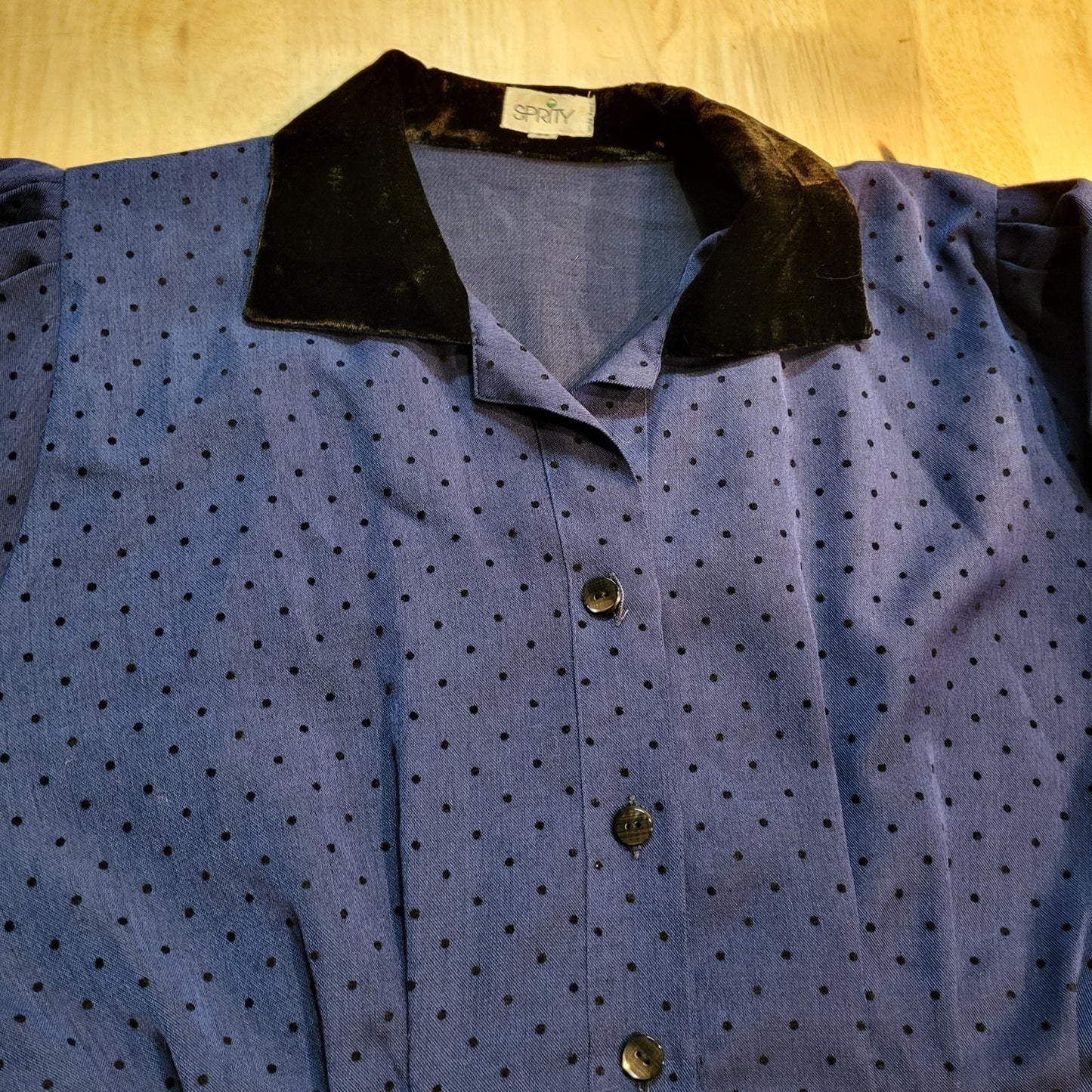 Vintage Blue Black Polka Dot Dress Pockets Collar Pencil Skirt Sprity Sz 38