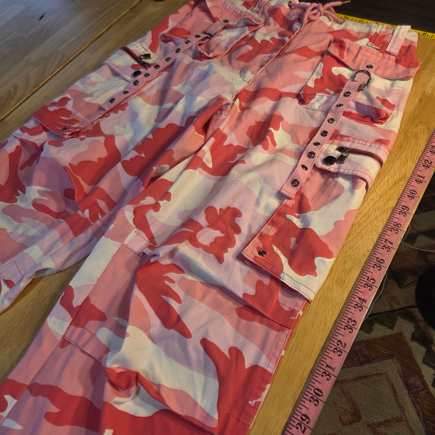 Riflessi pink camouflage Raver pants bondage straps wide leg adjustable 2XL