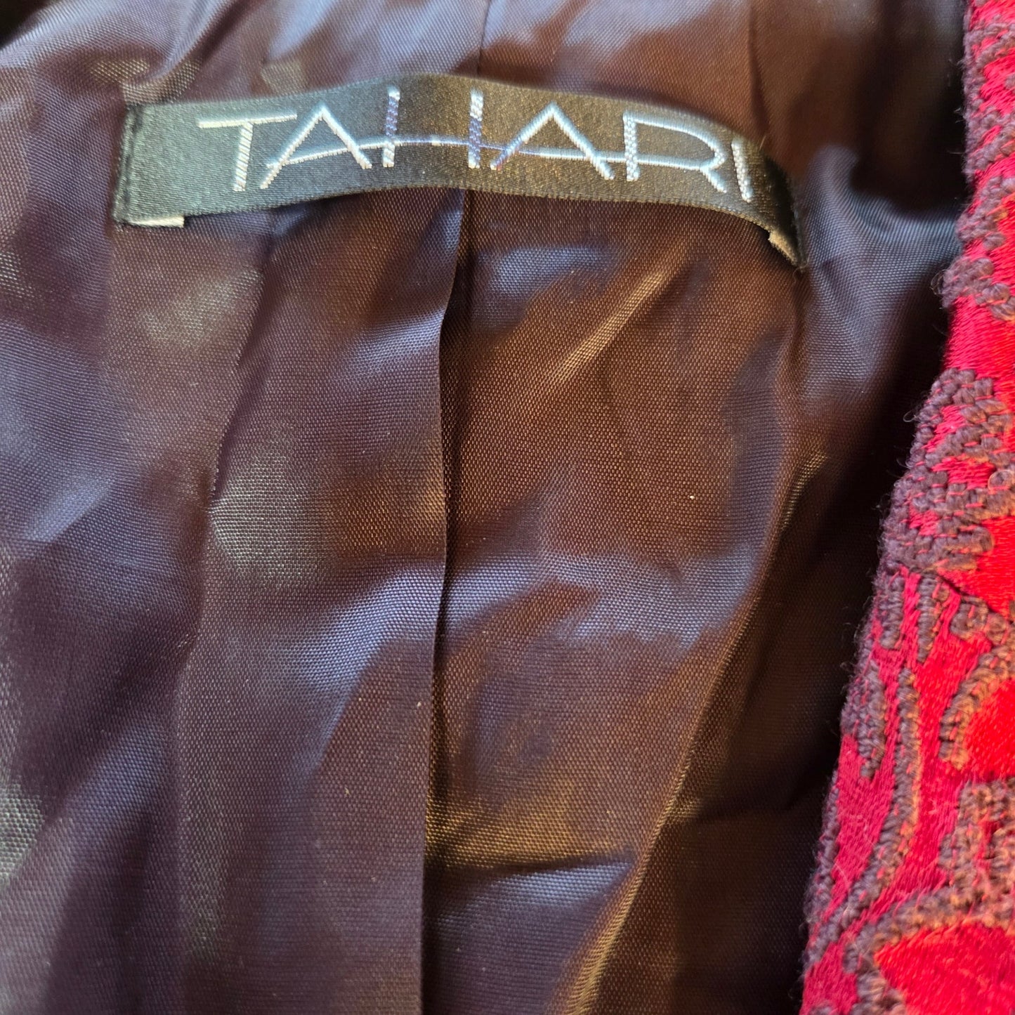 Tahari red blazer black embroidery size 14 lined wool blend