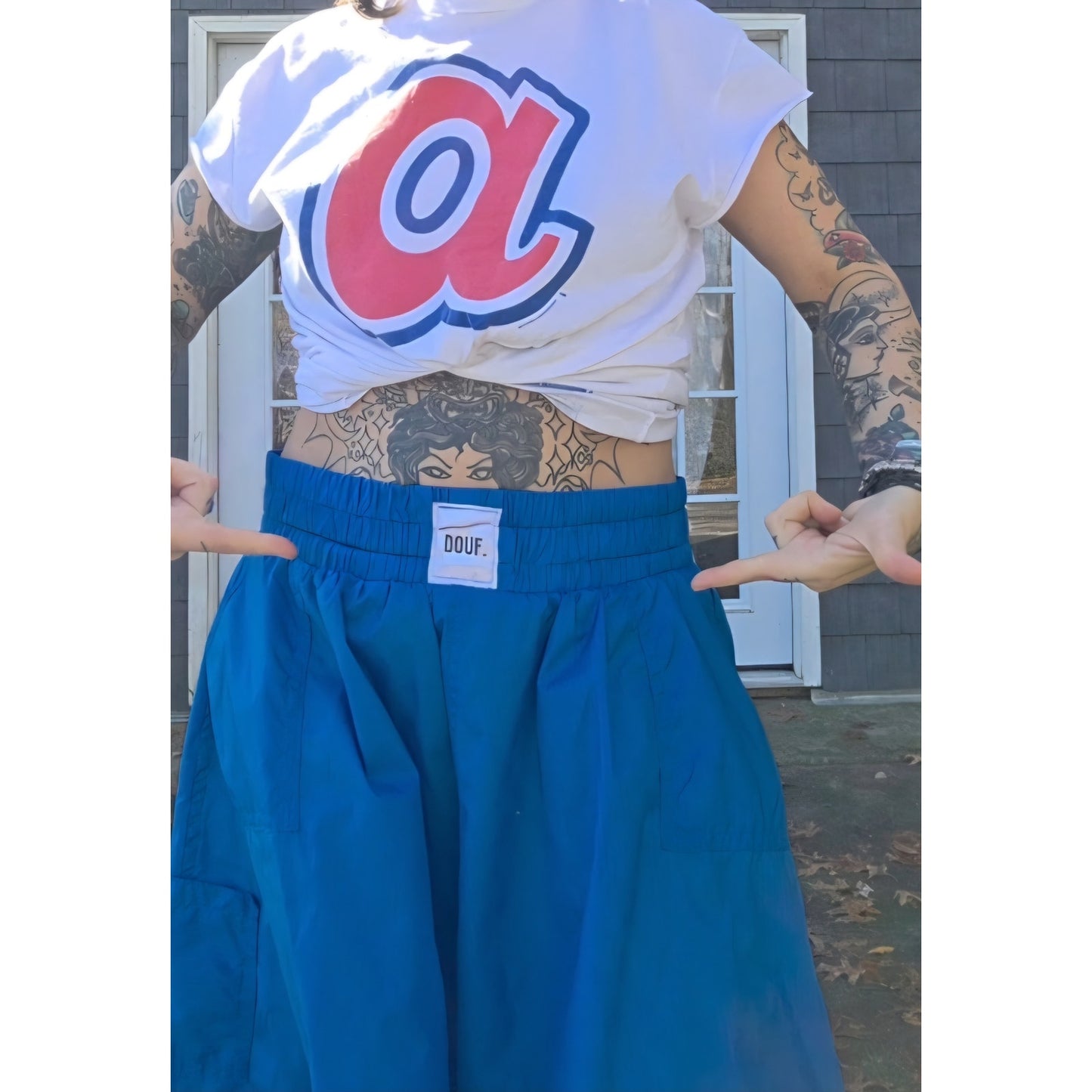 Douf. Blue Nylon Raver skirt pockets elastic waist Handmade 1 of 1 One Size