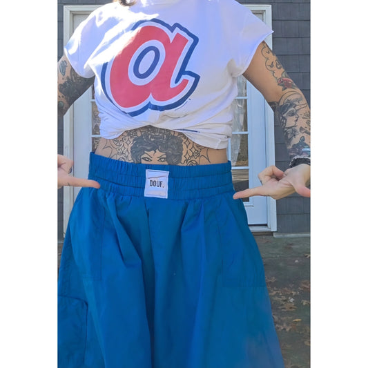 Douf. Blue Nylon Raver skirt pockets elastic waist Handmade 1 of 1 One Size