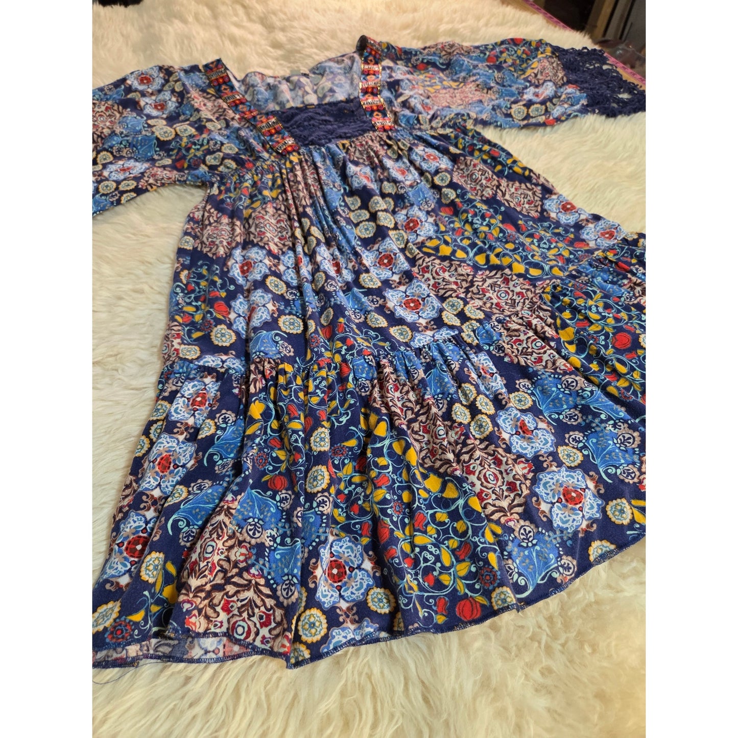 Live and Let Live colorful primary color blue Paisley red Mini dress small