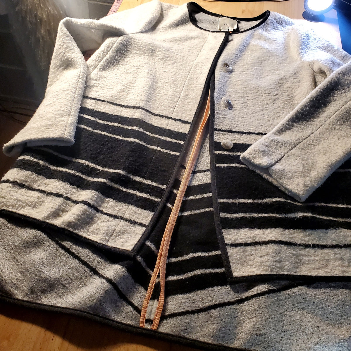 Elevenses size medium wool blend asymmetrical hem gray and black striped jacket