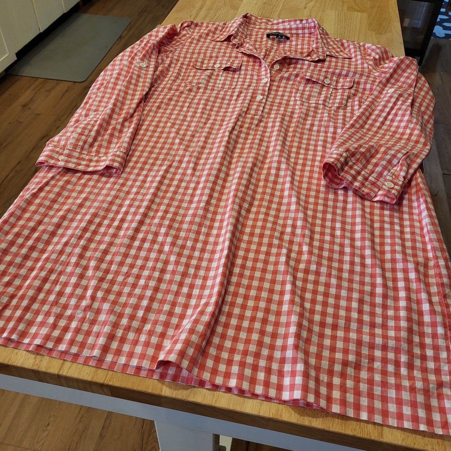 Chadwick's 100% Cotton Orange Gingham Midi Length Collared Shirt Dress