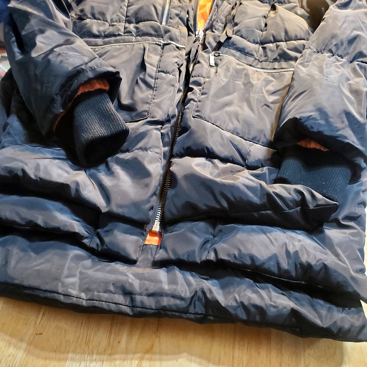 Ci Sono Black Viral Puffer Jacket Orange lining Shearling Hood Silver Zip Large