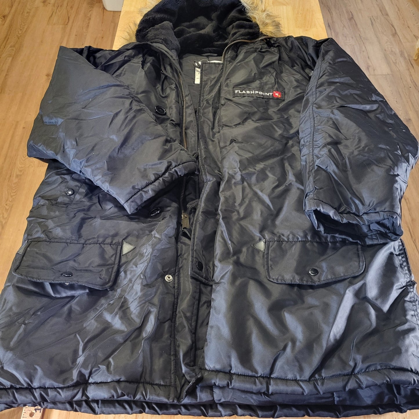 Extreme cold weather parka type N-3B Large Black Faux Fur Hood Pockets Zip Snap