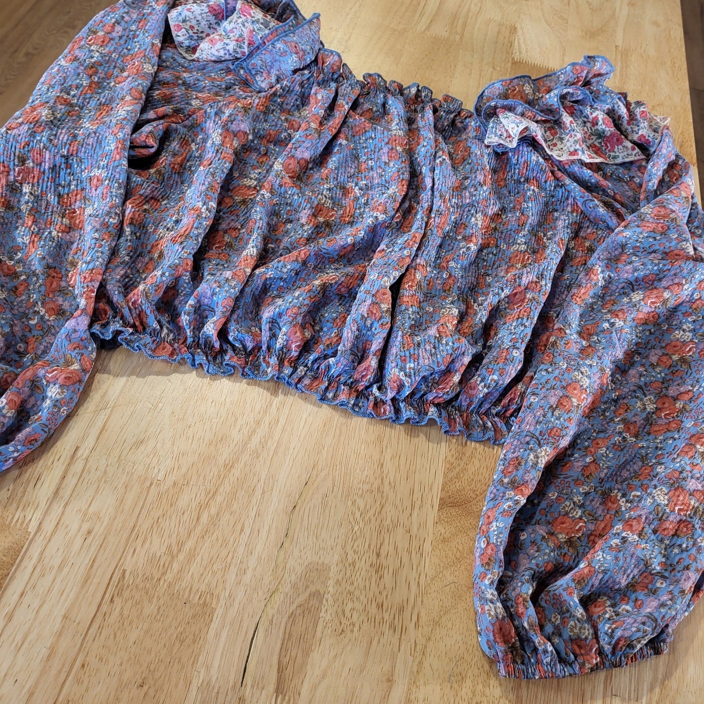 Entro Floral Puff Sleeve Bardot Summer Blouse Ruffle Stretch 21" Medium