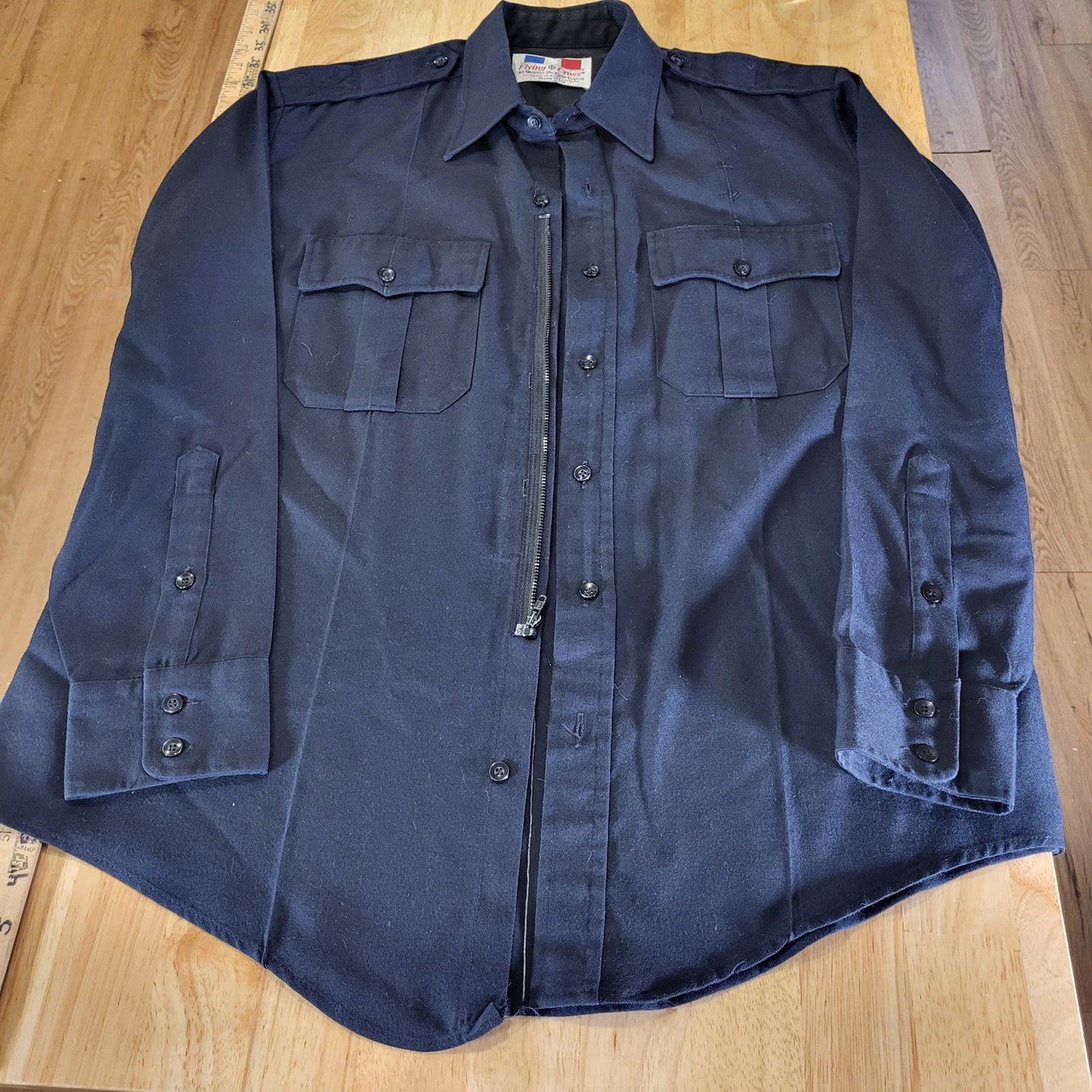 Vintage Flying Cross Dacron Rayon Blend Navy Blue Faux Button Zip 26" P2P