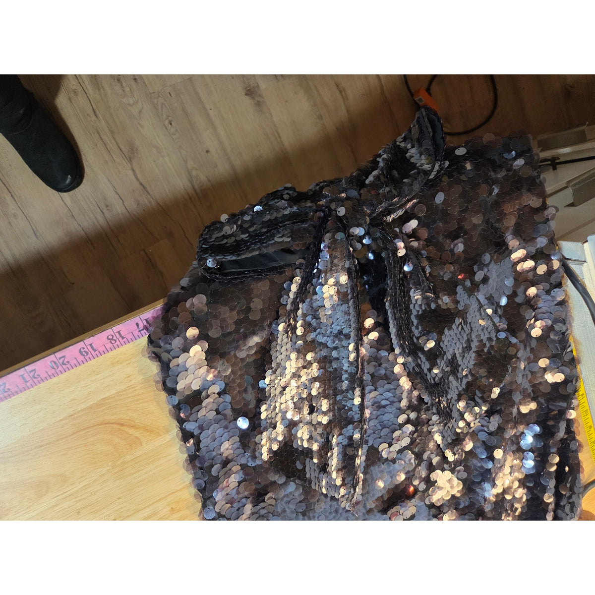 Ciebon XS black sequin sleeveless A-line mini dress bow mock collar