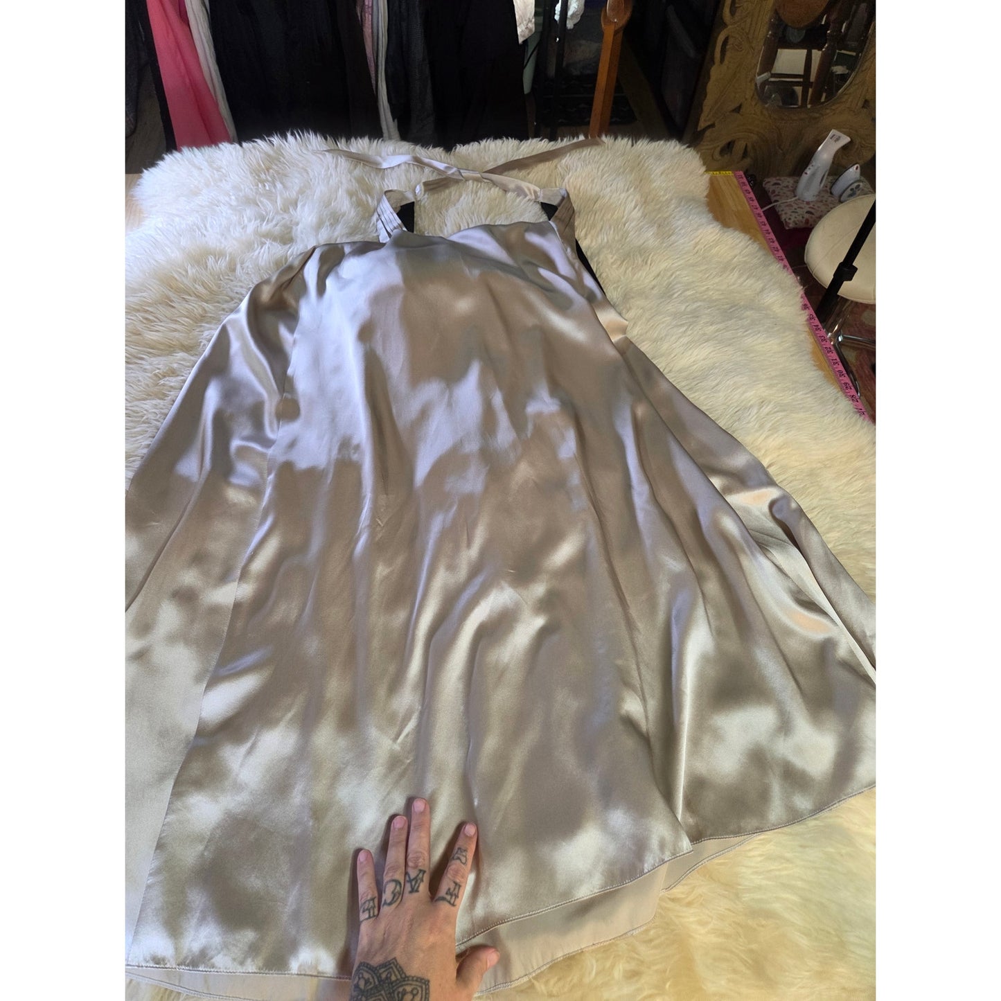 BCBGMAXAZRIA 100% Silk Satin Sleeveless Formal Gown Taupe Black Rhinestones 2