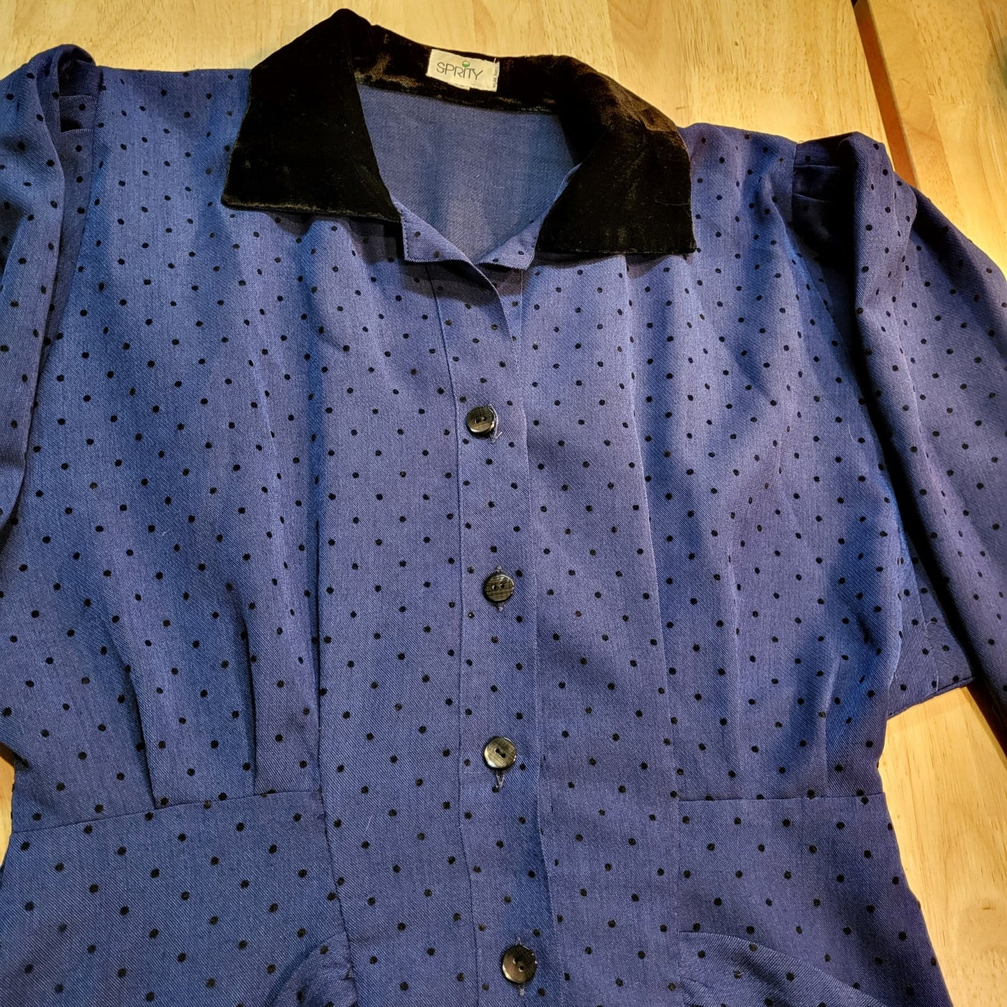 Vintage Blue Black Polka Dot Dress Pockets Collar Pencil Skirt Sprity Sz 38