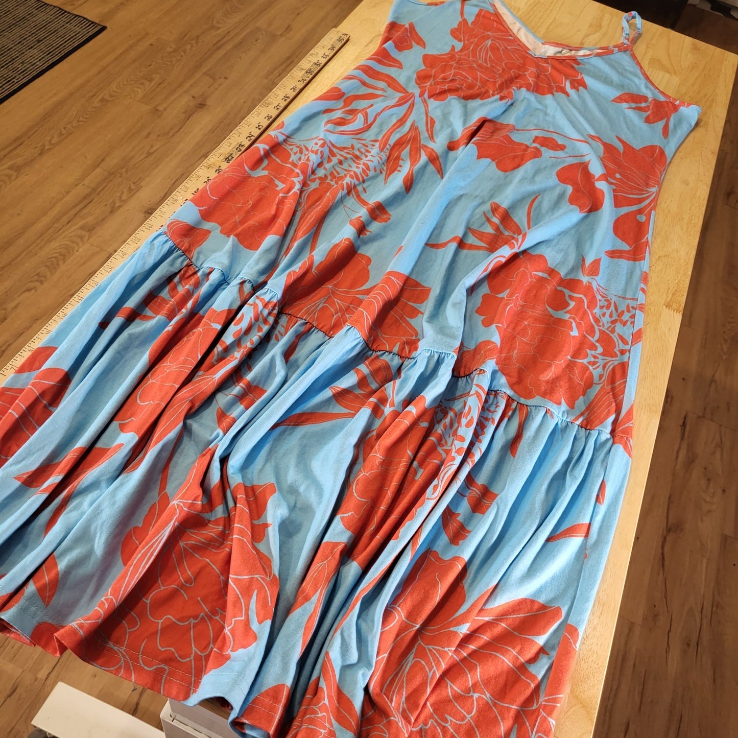 Noracora Orange Blue Floral Jersey Maxi Spaghetti Strap Dress Adjustable XL