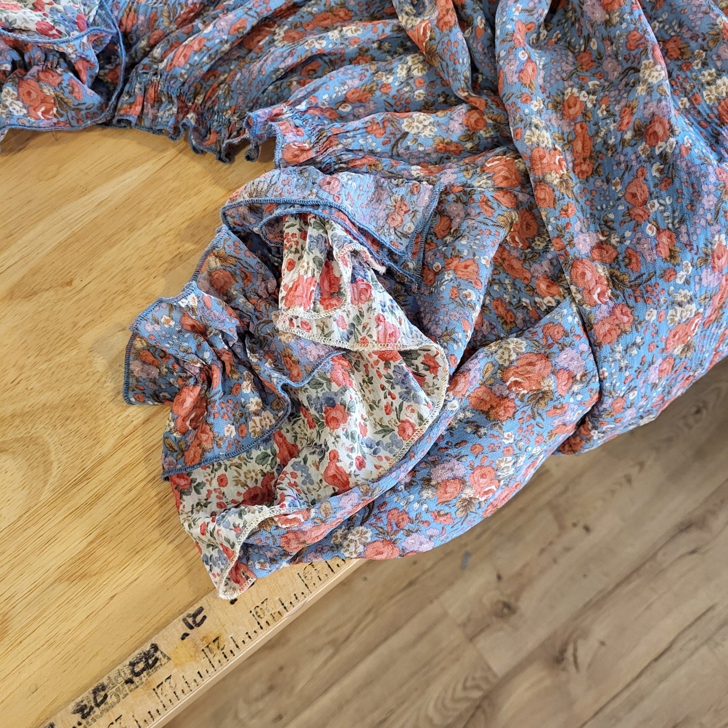 Entro Floral Puff Sleeve Bardot Summer Blouse Ruffle Stretch 21" Medium