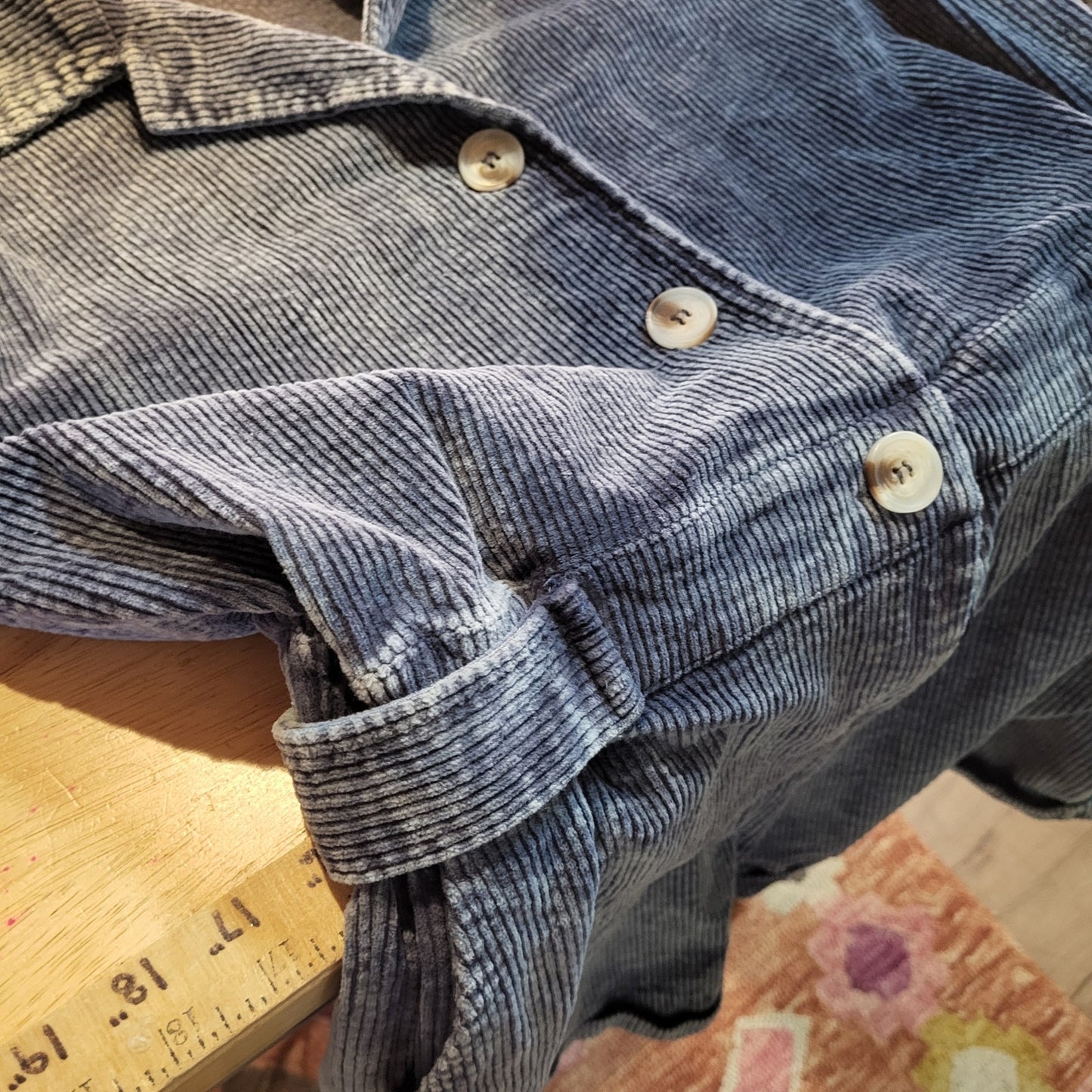 POL Blue Corduroy Long Sleeve Button Front Shorts Jumpsuit Elastic Waist Zip