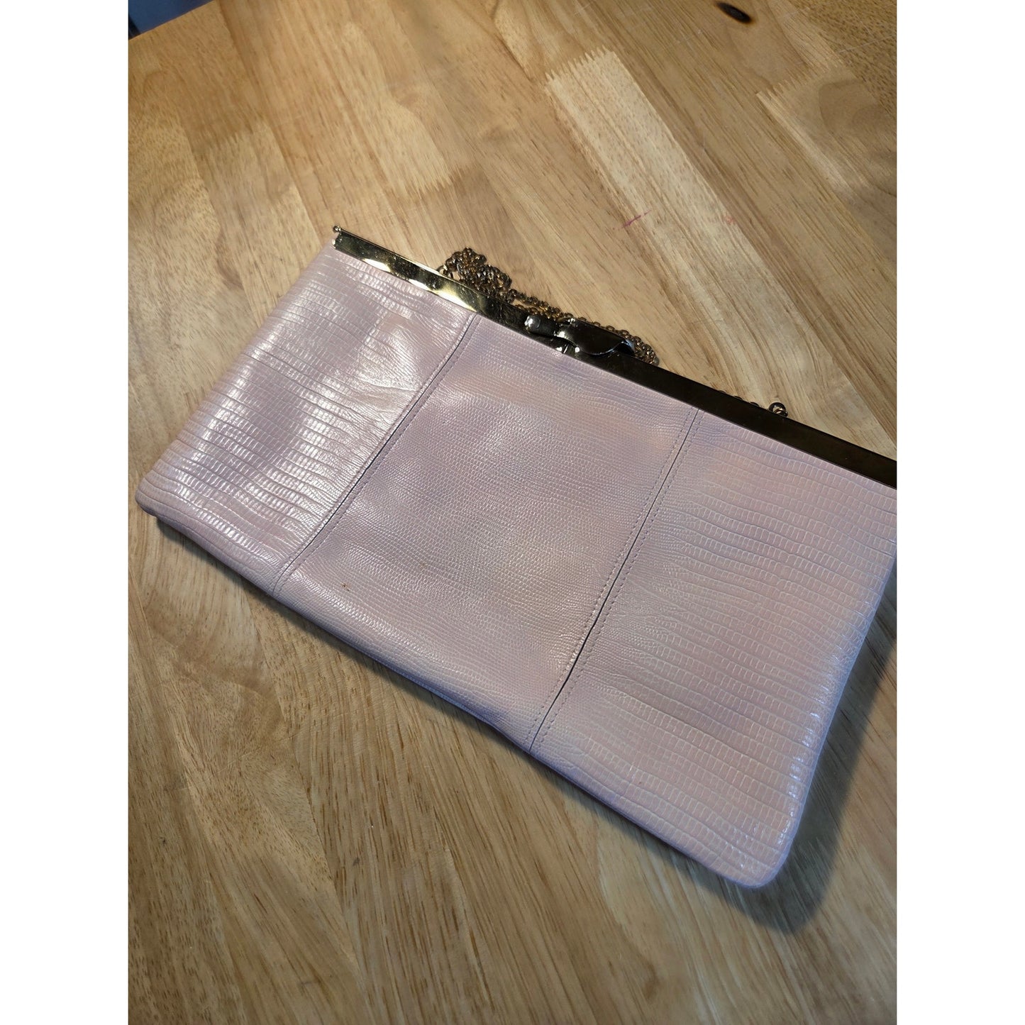 Genuine vintage baby pink snake skin clutch gold Hardware orange Lined