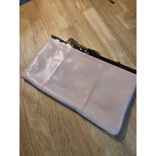 Genuine vintage baby pink snake skin clutch gold Hardware orange Lined