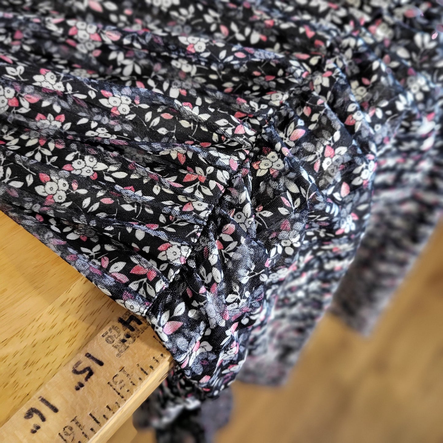 Vintage Sheer Stripe Black Floral Dress Elastic Waist Midi Long Sleeve 28" Waist