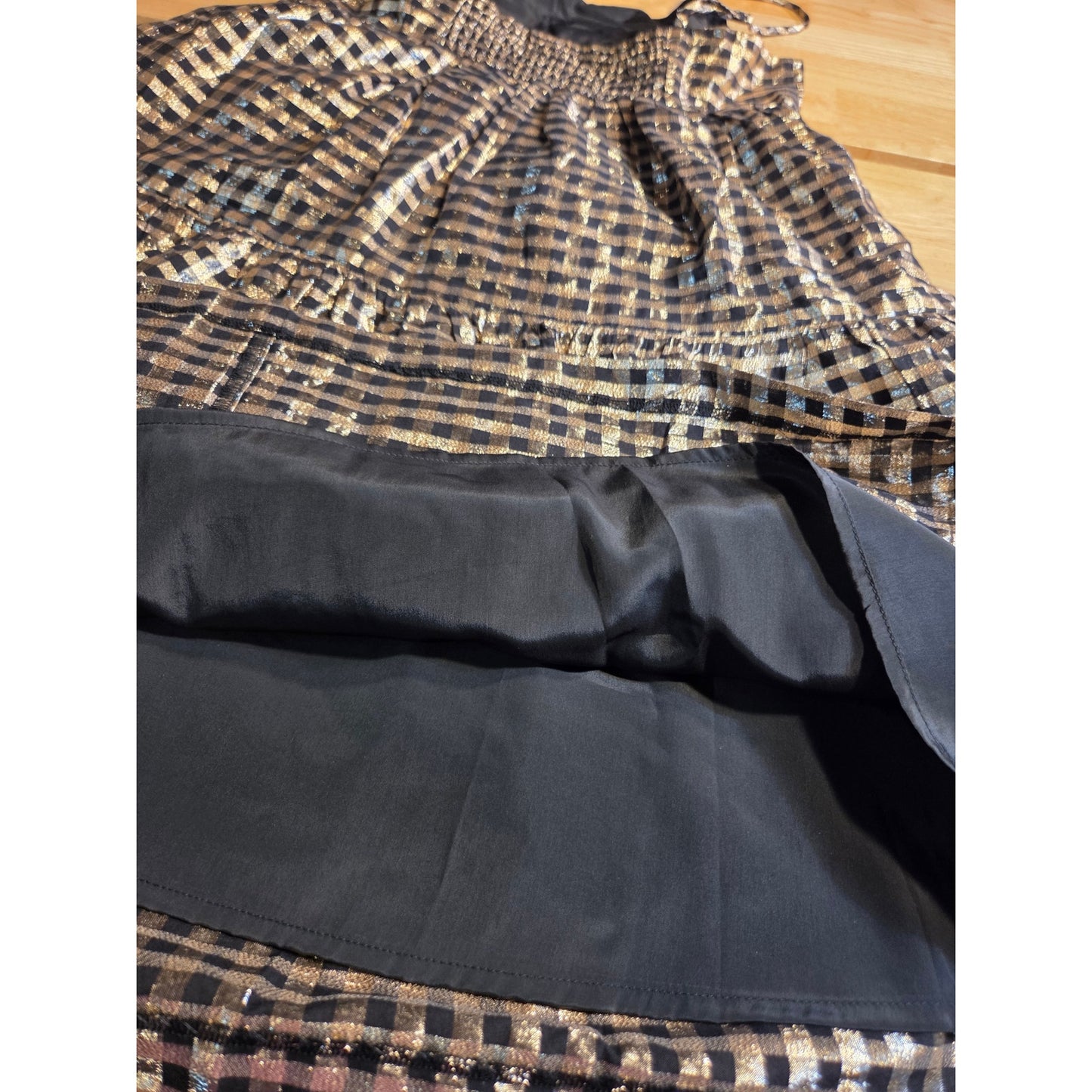 J. Crew Holiday Dress Gold Black Gingham Print Elastic Spaghetti Strap 8