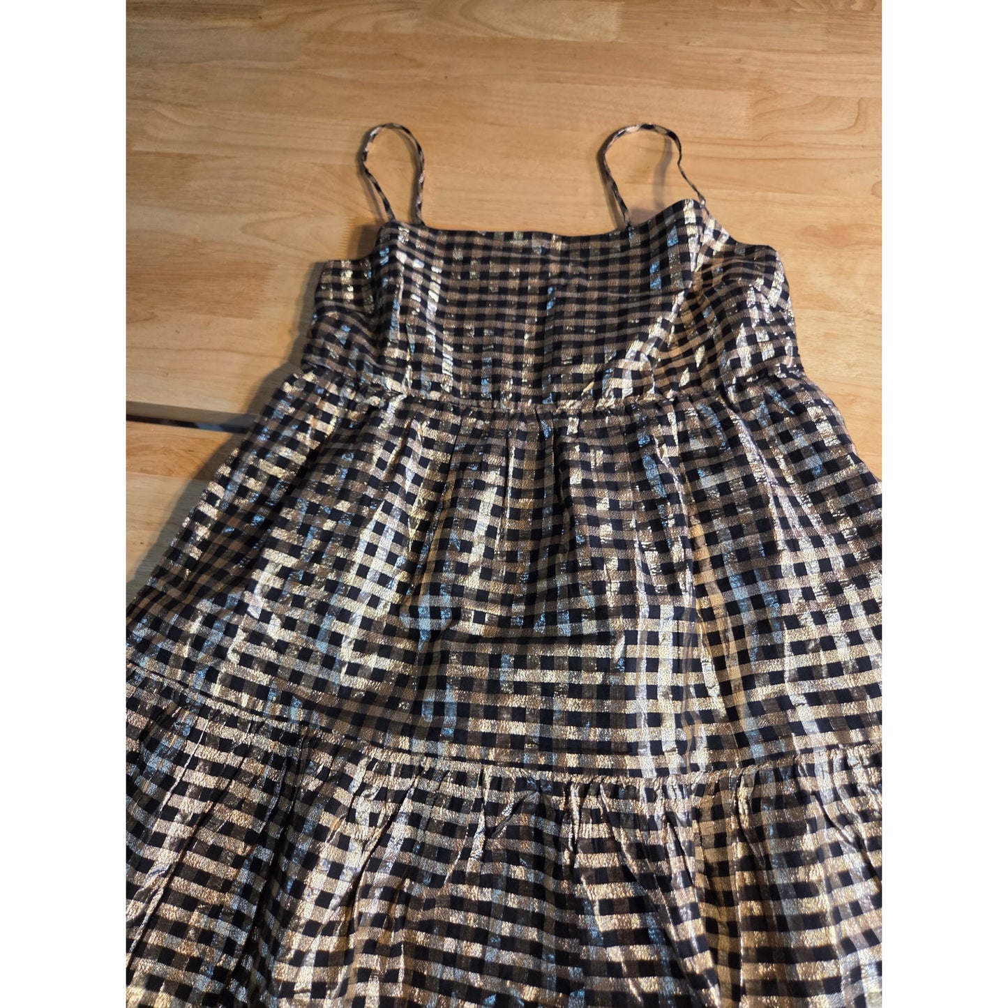 J. Crew Holiday Dress Gold Black Gingham Print Elastic Spaghetti Strap 8