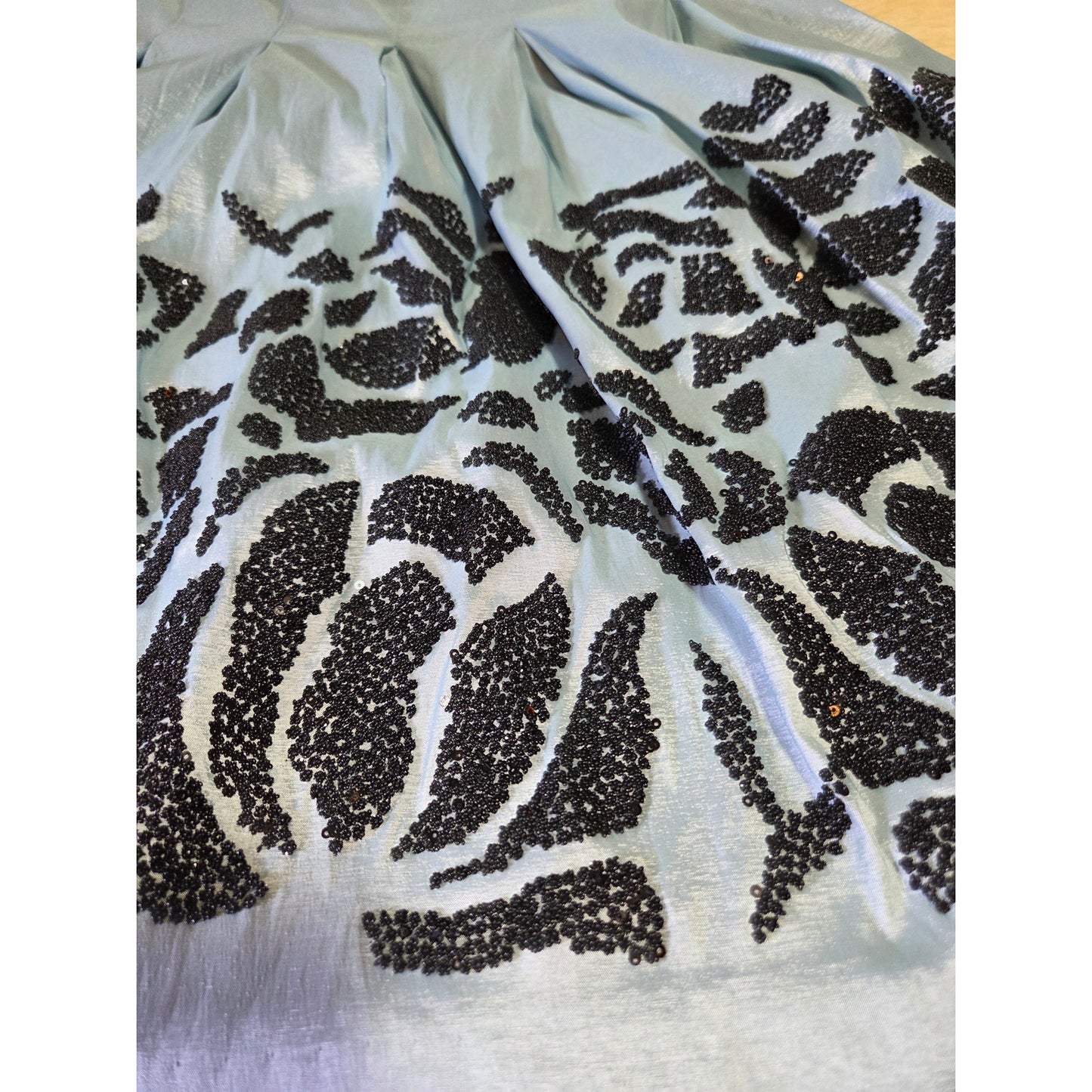 Baby Blue Sleeveless Black Sequin Embellishments Tea Length Fit Flare Princess