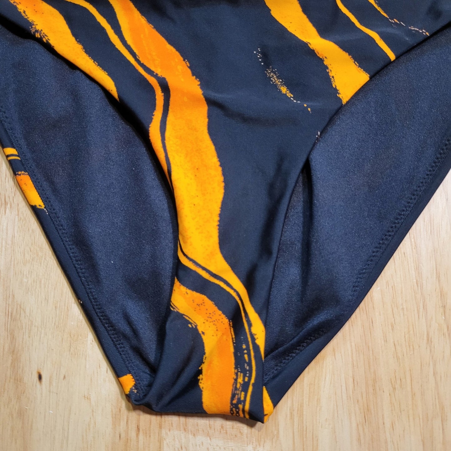 Black One Piece Bathing Suit Orange Lava Stripes 15" P2P Triangle Top