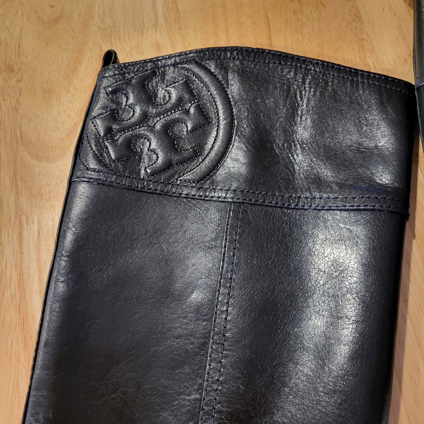Tory Burch Black Leather Riding Boots Gold Hardware Embossed Stitched 8M