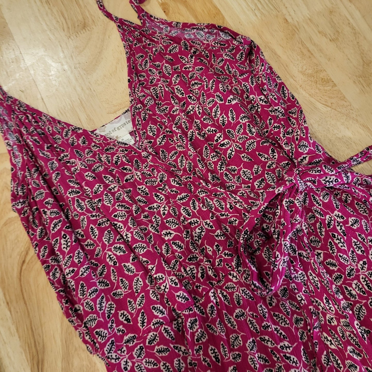 Band Gypsies Pink Floral Hi-Lo Slit Ruffle Spaghetti Strap Dress 17" p2p