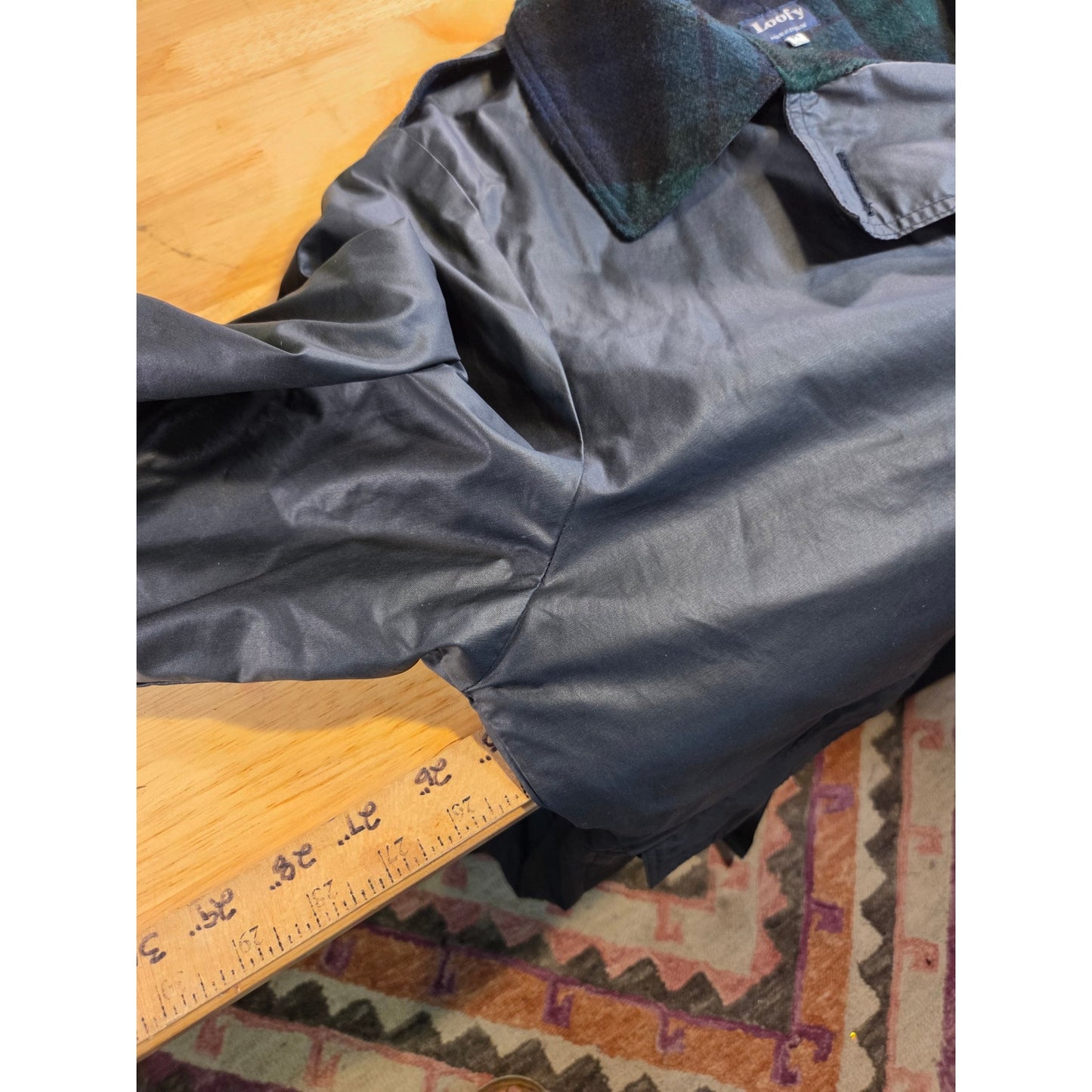 Loofey Swiss Plaid Wool Lined Navy blue Oiled Trench Rain Coat Medium Tartan