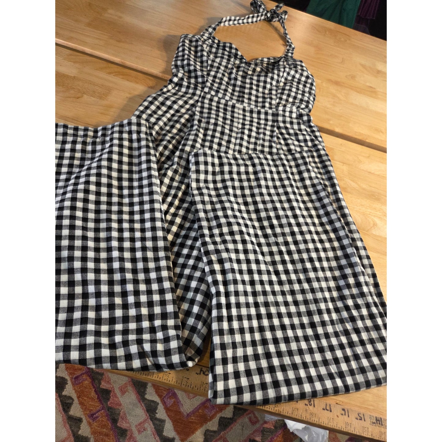 Boston Proper Black & White Gingham Sleeveless Princess Neckline Linen Jumpsuit