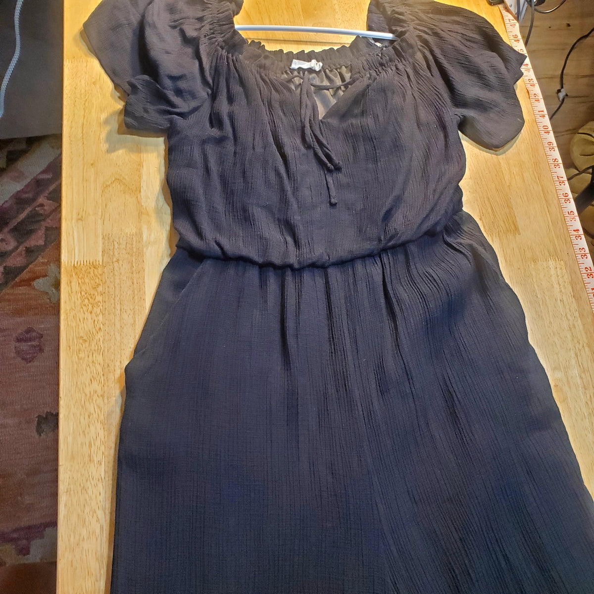 Lush Black Balloon Ruffle Hem Billowy Jumpsuit 30" Elastic Waist Wide Leg 28"