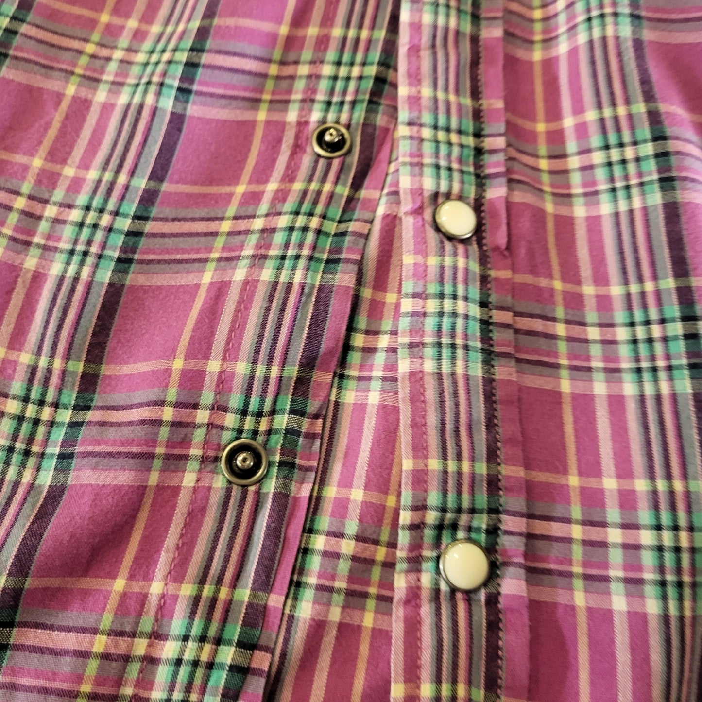 Express Purple Tartan Plaid Short Sleeve Pearl Snap Collared Button Down M