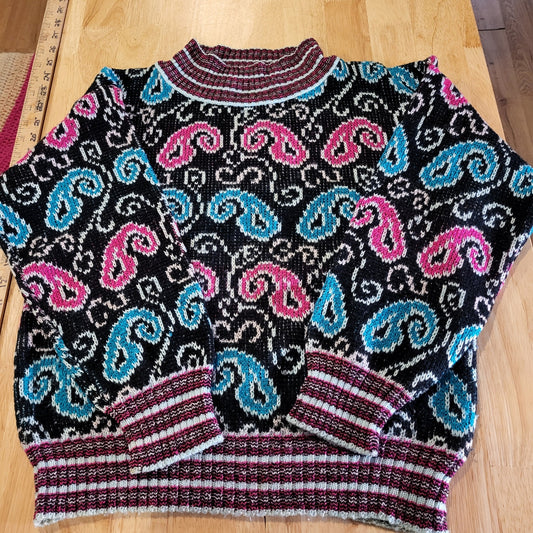 Vintage colorful sweater paisley design pink turquoise black close knit small