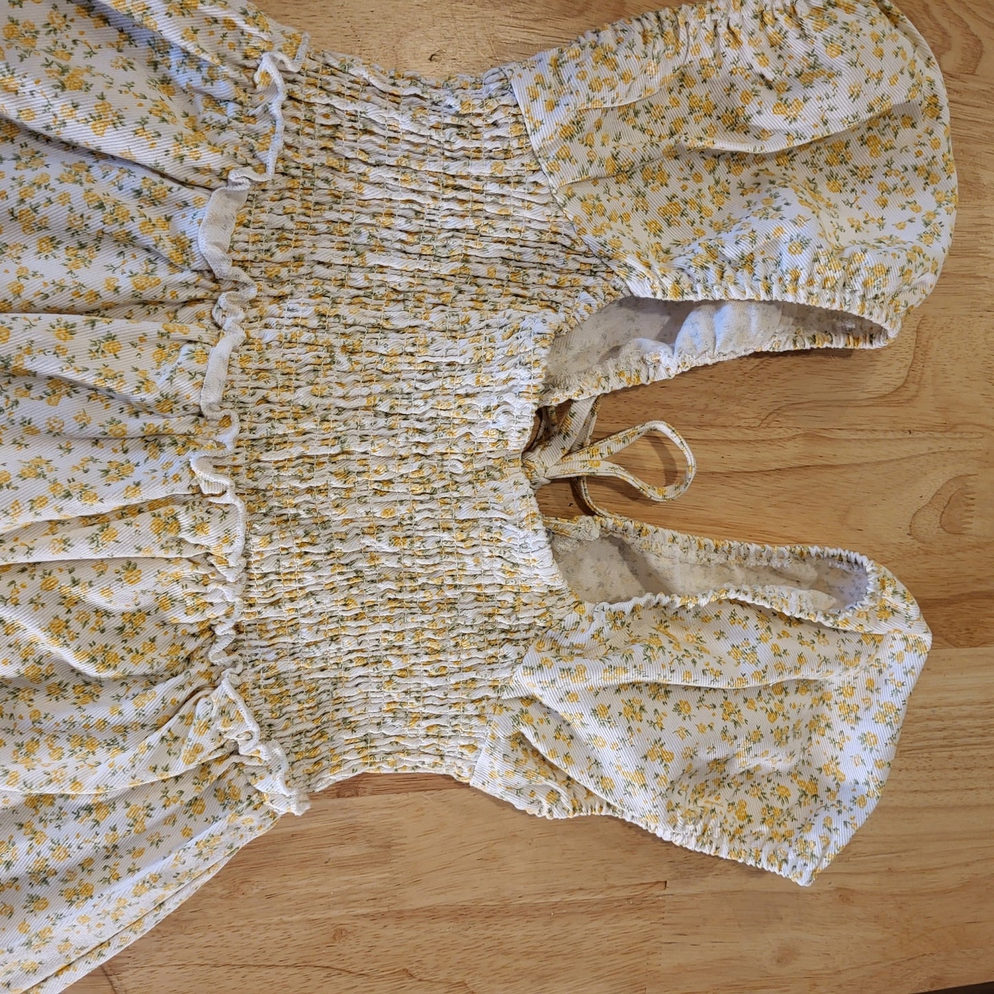 American Eagle Outfitters White Denim Yellow Flower Dress Laced Front Stretch