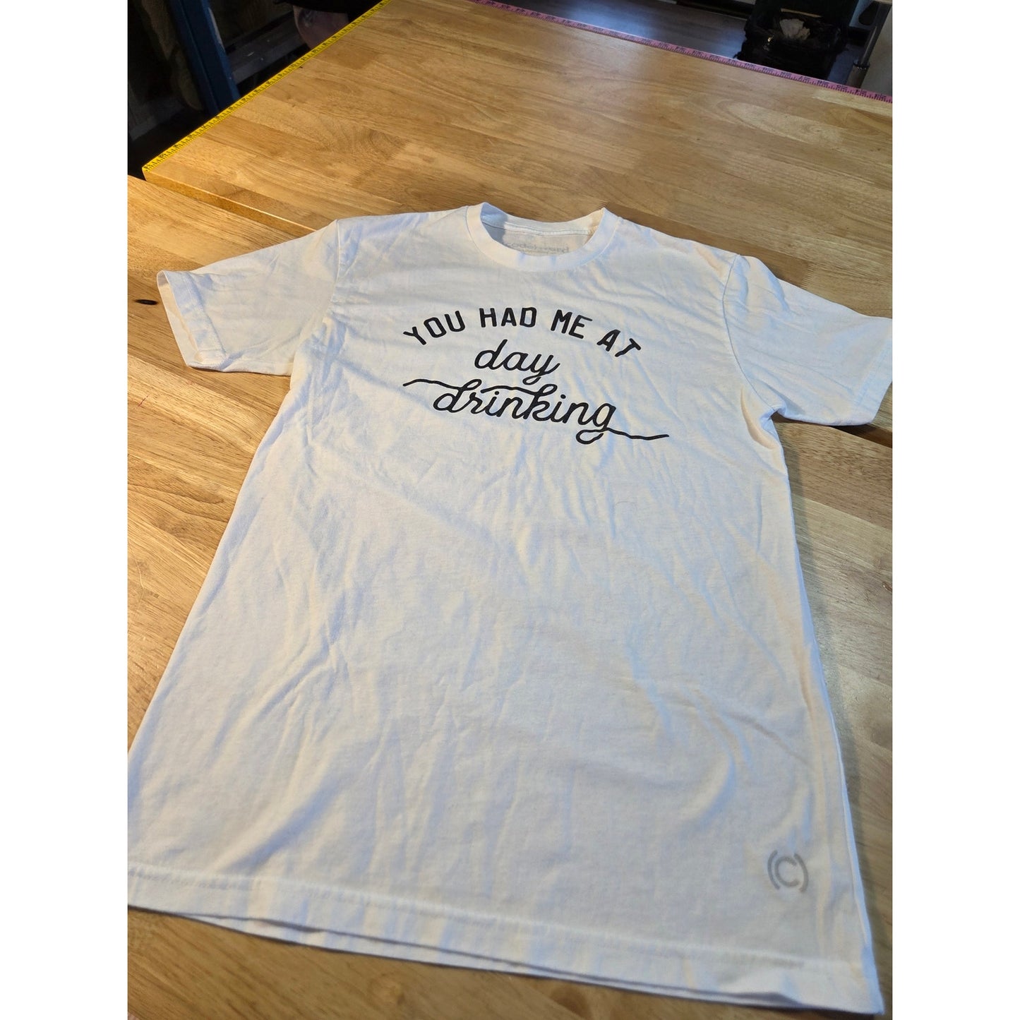 "You Had Me at Day Drinking" Codeword tee white cotton made in America small