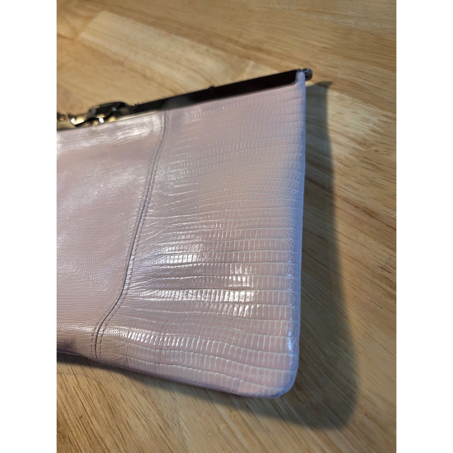 Genuine vintage baby pink snake skin clutch gold Hardware orange Lined