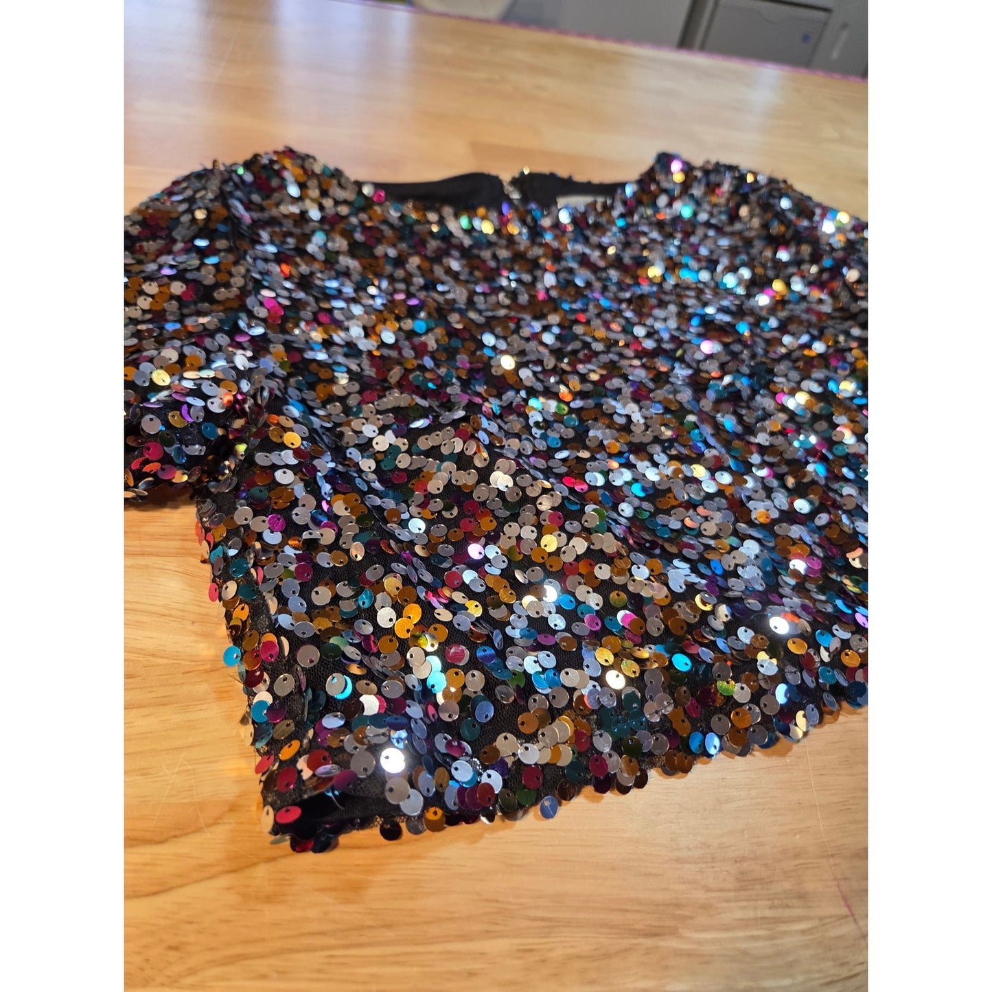 Charlotte Russe extra large sequin crop short sleeve party blouse colorful disco