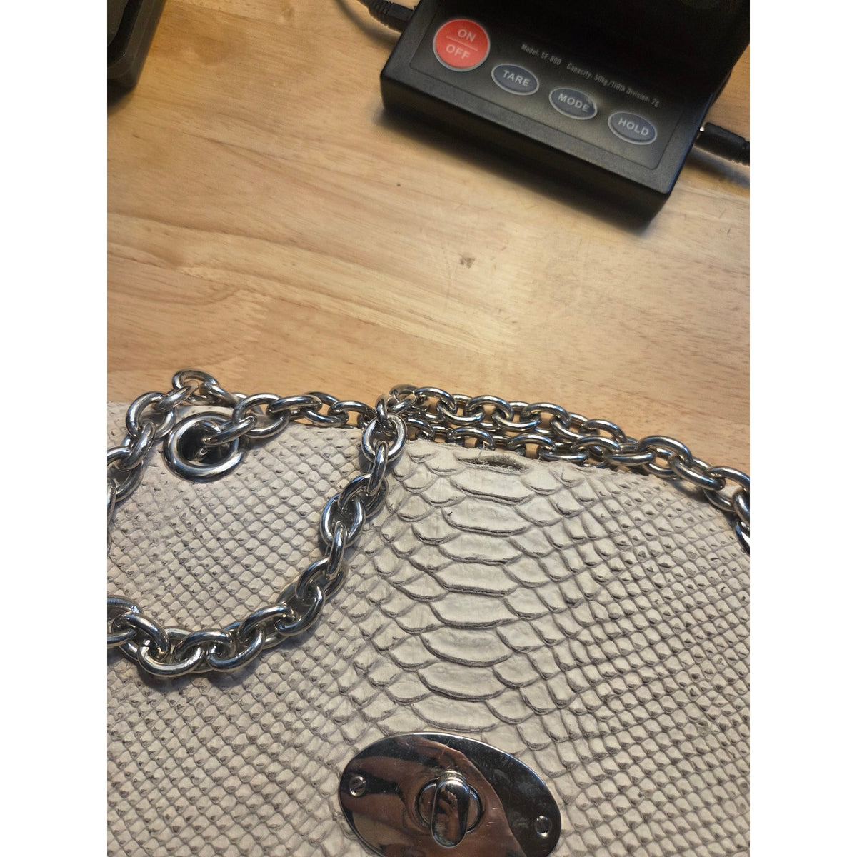 Doncaster made in Italy snake looking leather Gray silver metal chain bag