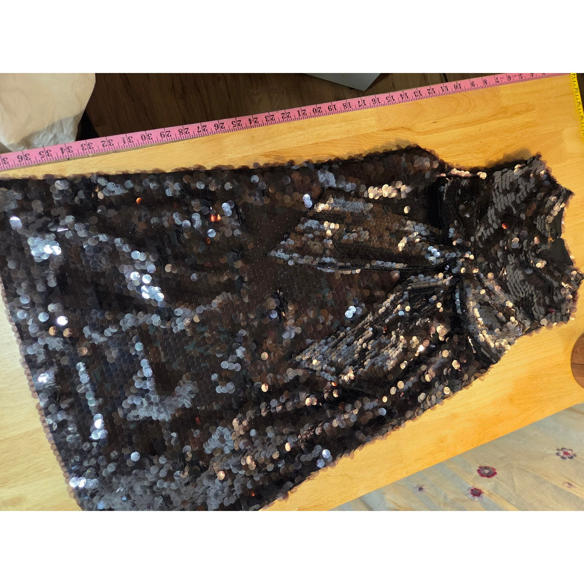 Ciebon XS black sequin sleeveless A-line mini dress bow mock collar