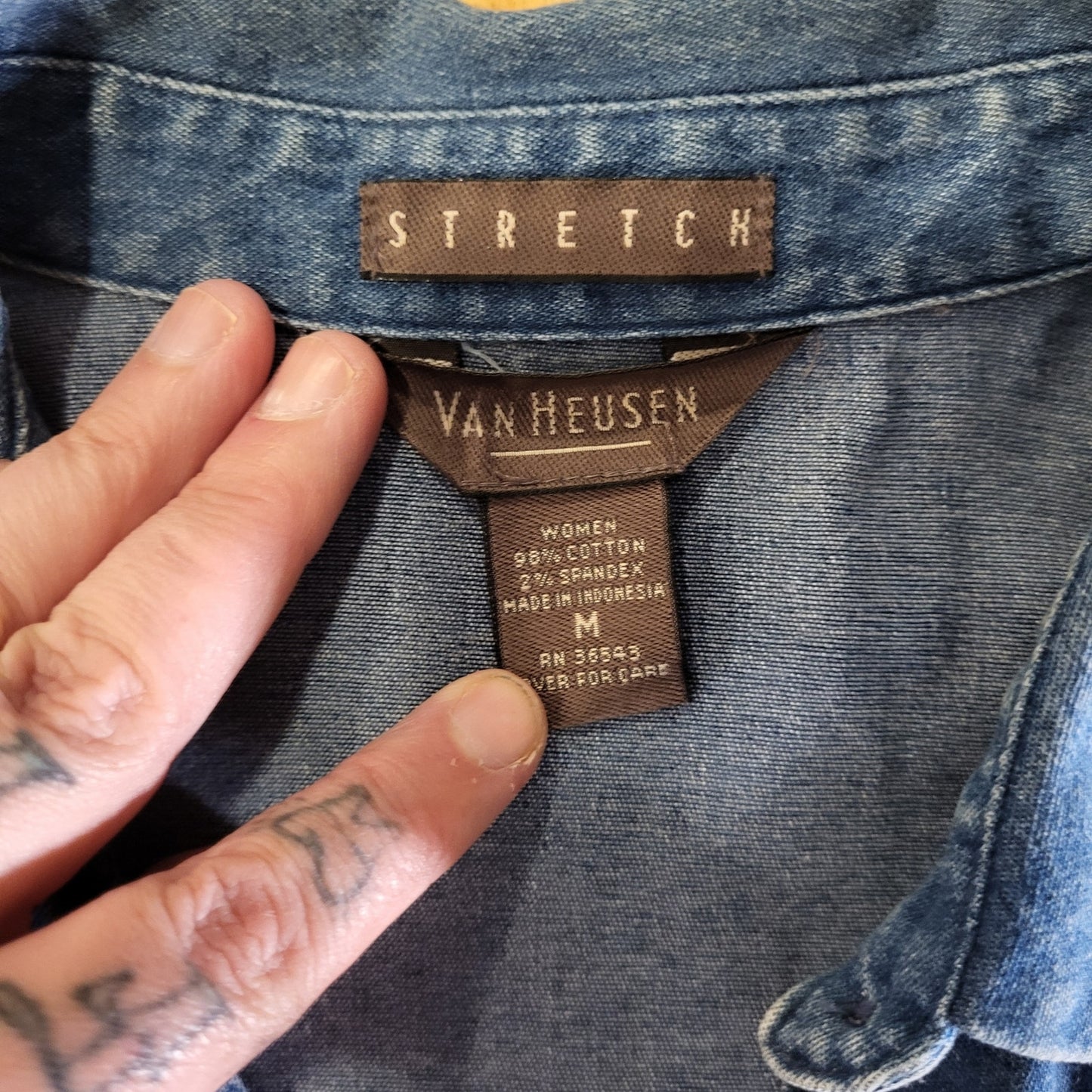 Van Heusen Denim Collared Button Down Cotton Ruffle Detail Medium Stretch