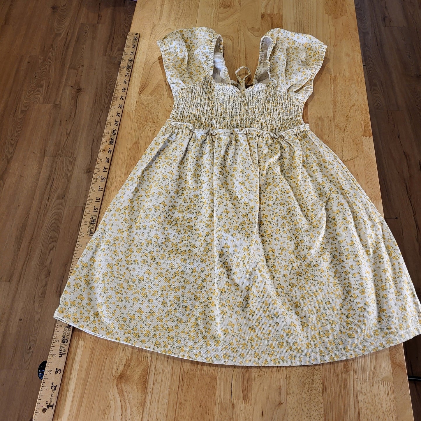 American Eagle Outfitters White Denim Yellow Flower Dress Laced Front Stretch