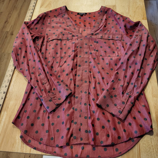 Express Medium Red & Black Polkadot Blouse Lightweight V-neck Pockets 18" p2p