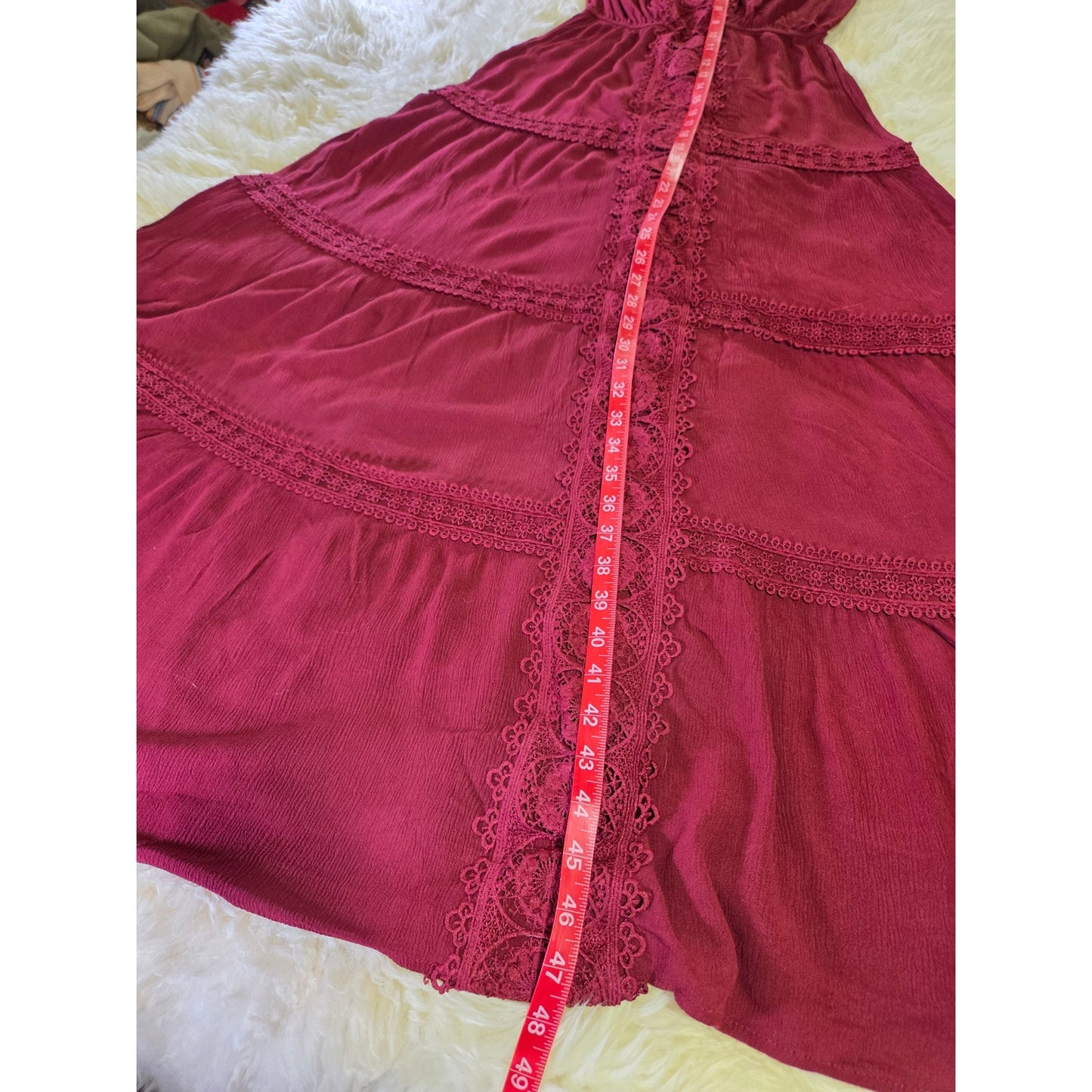 Maroon elastic tube dress sleeveless maxi crochet detail 30" bust
