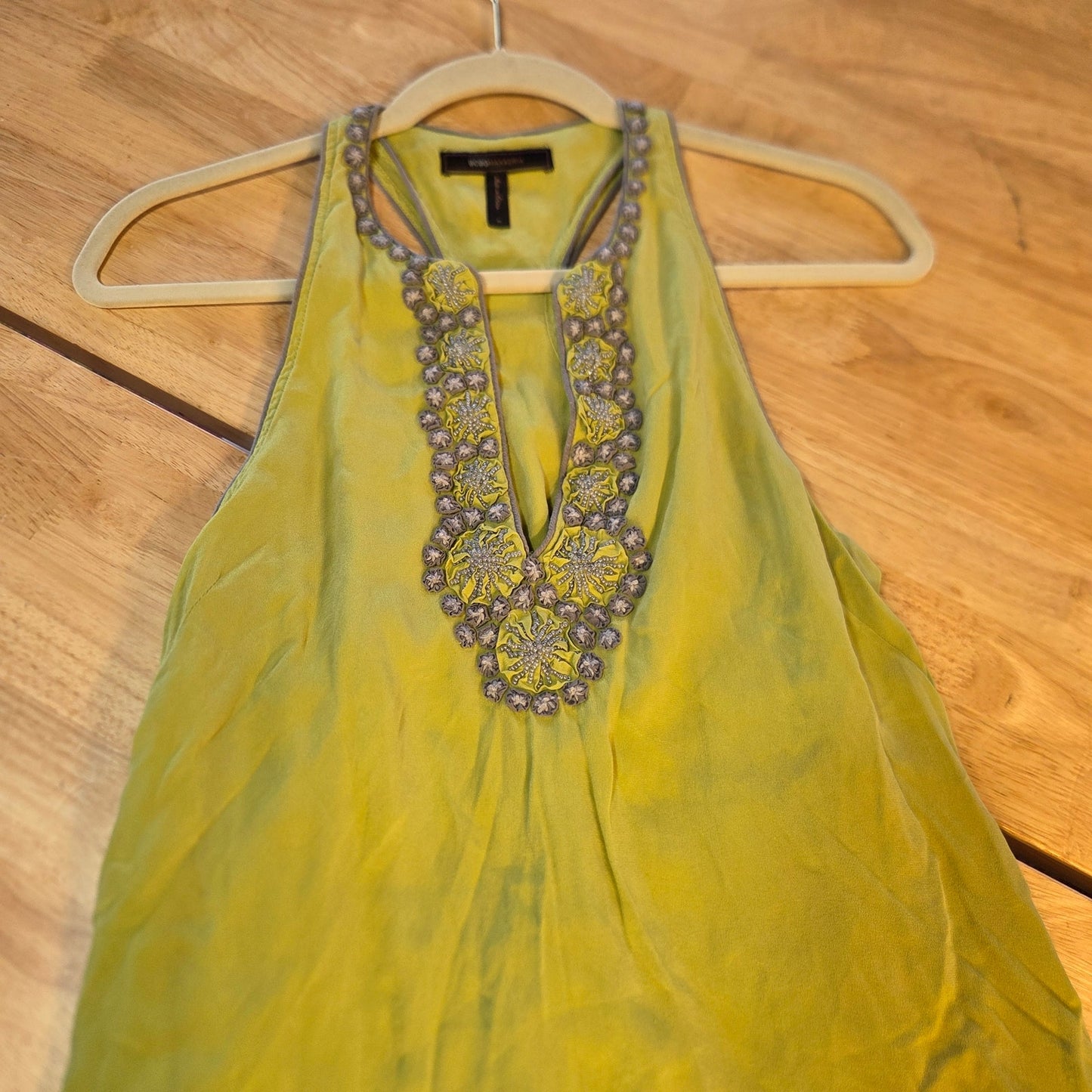 Bcbgmaxazria chartreuse neon green silk sleeveless tank dress embroidered med
