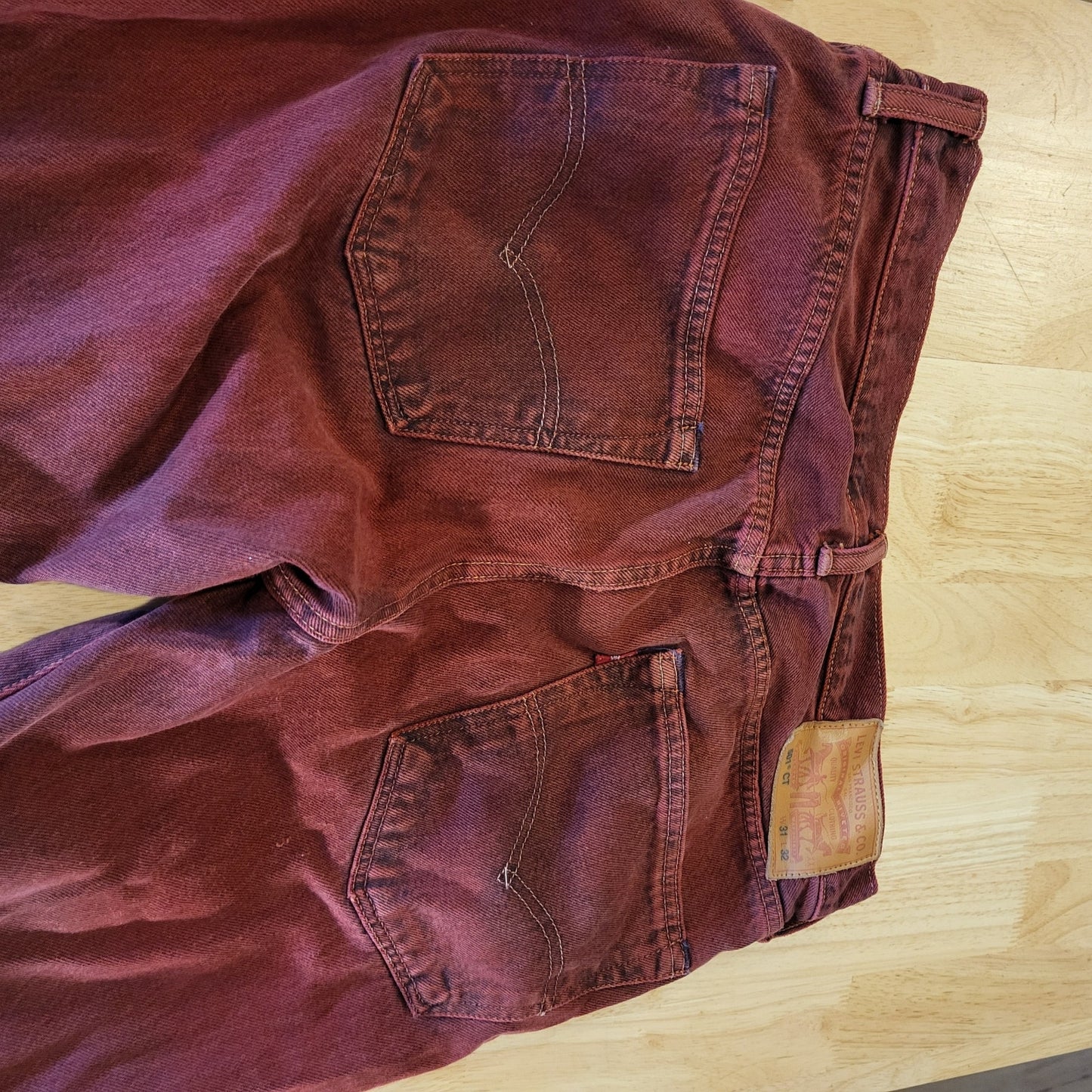Levi's 501 CT Maroon 31 x 32 Tapered Denim Jeans Faded Tag 90.s Custom Cut