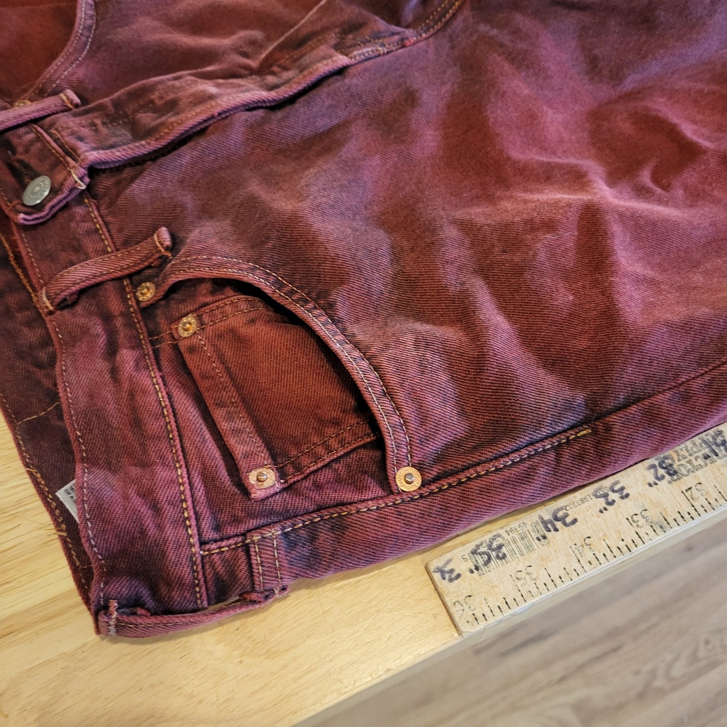 Levi's 501 CT Maroon 31 x 32 Tapered Denim Jeans Faded Tag 90.s Custom Cut