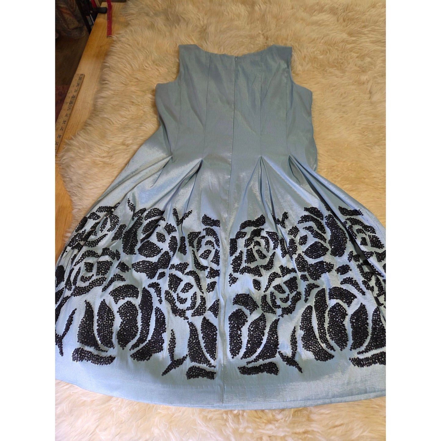 Baby Blue Sleeveless Black Sequin Embellishments Tea Length Fit Flare Princess