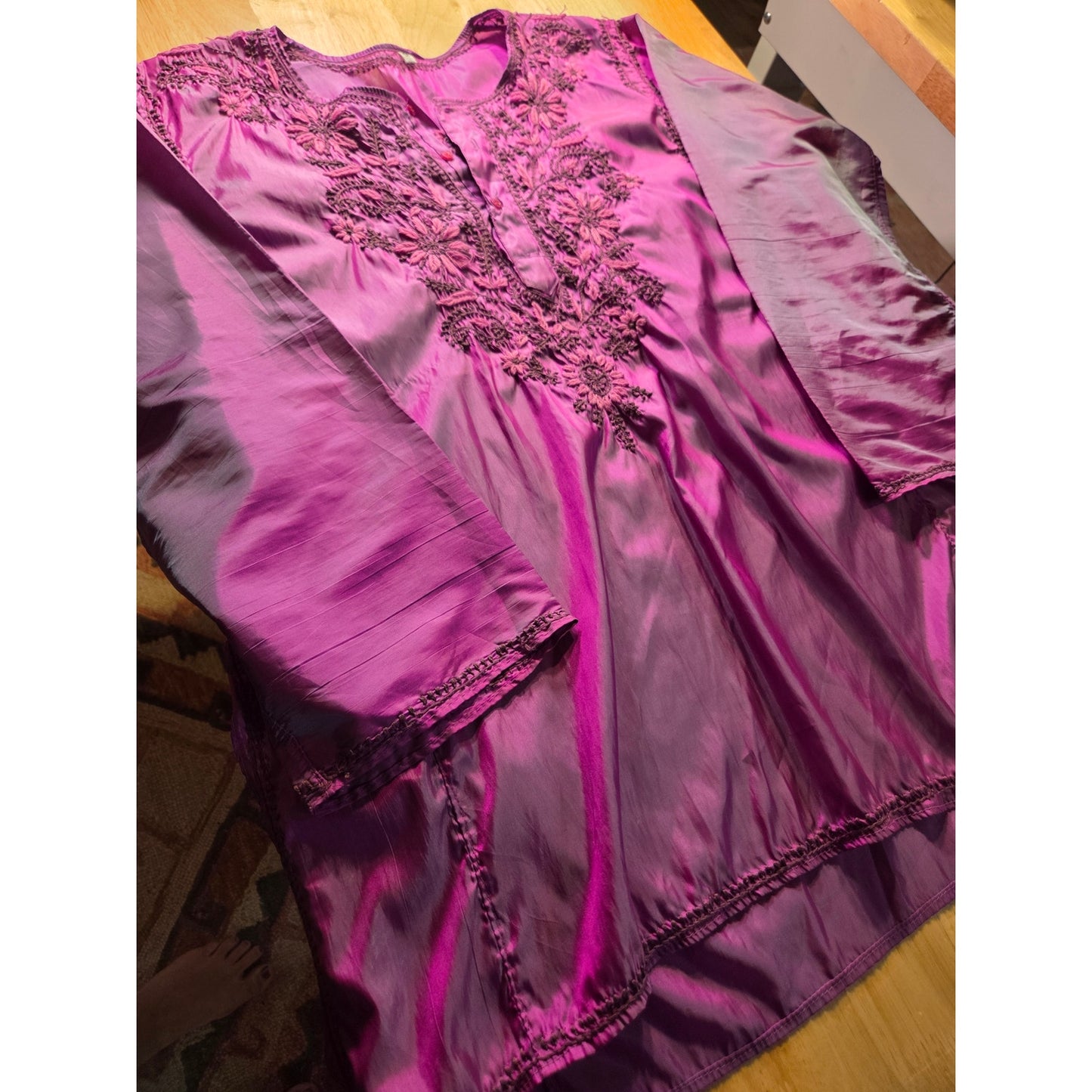 Satin hand Embroidered Iridescent Pink Heart Floral Motif Large Long Sleeve