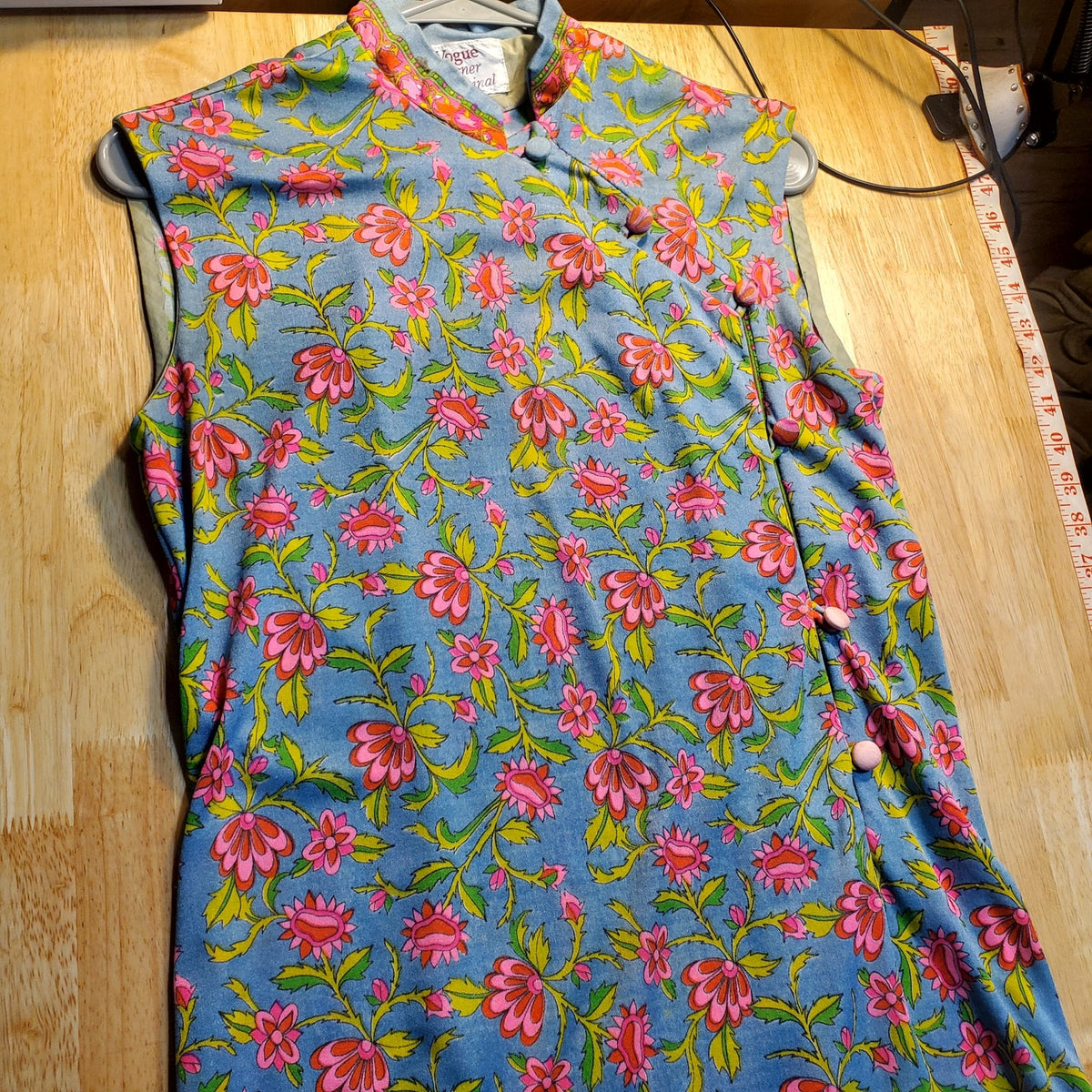 VINTAGE CHINESE TRADITIONAL DRESS BLUE PINK GREEN FLORAL POLYESTER SM