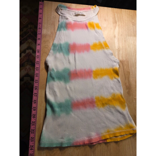 Free People Rainbow Tie Dye Strip Ribbed Knit Jersey Tank Top 12"p2p L